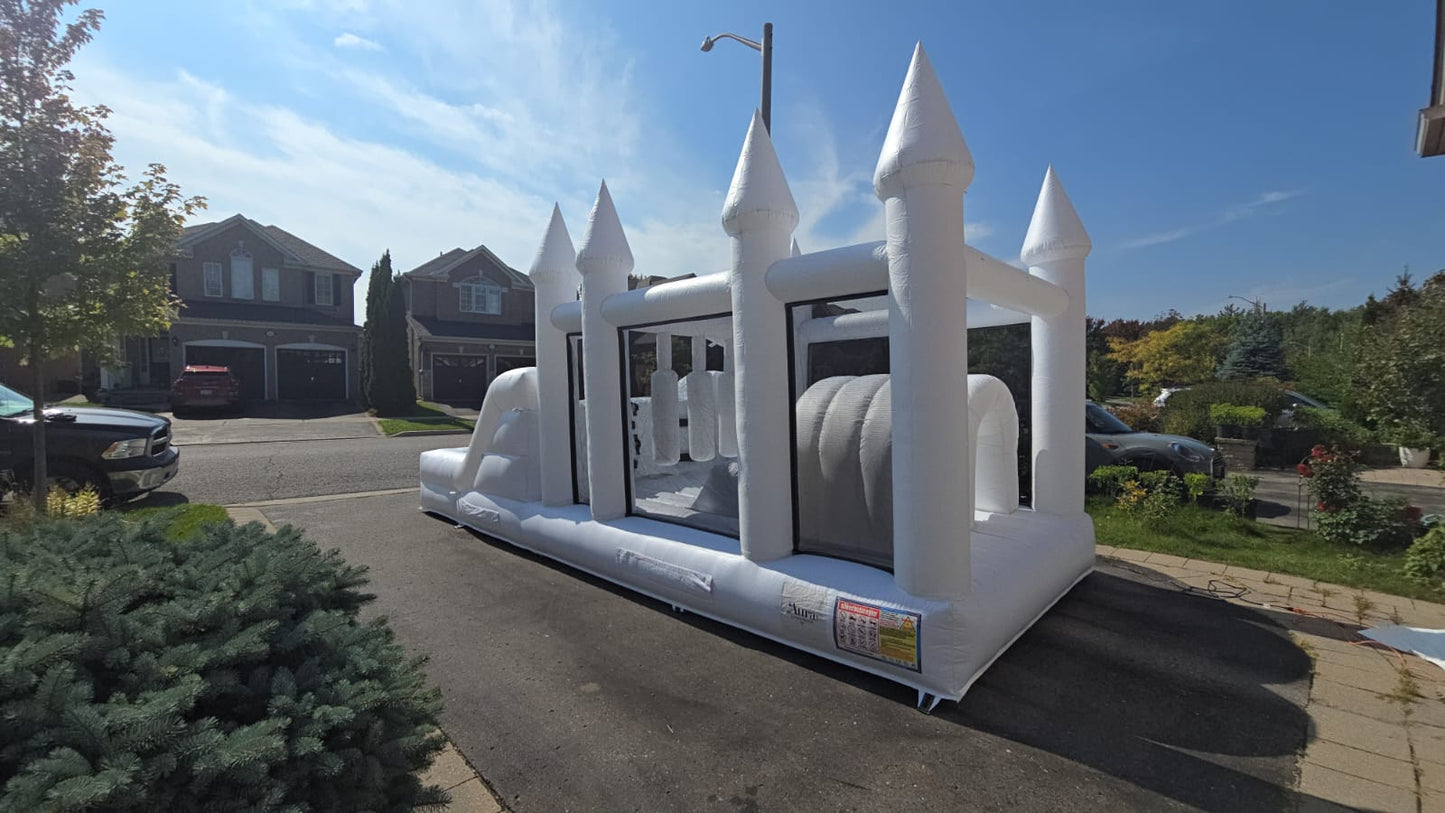 Aura's White Inflatable Obstacle Course With Ballpit/Waterslide