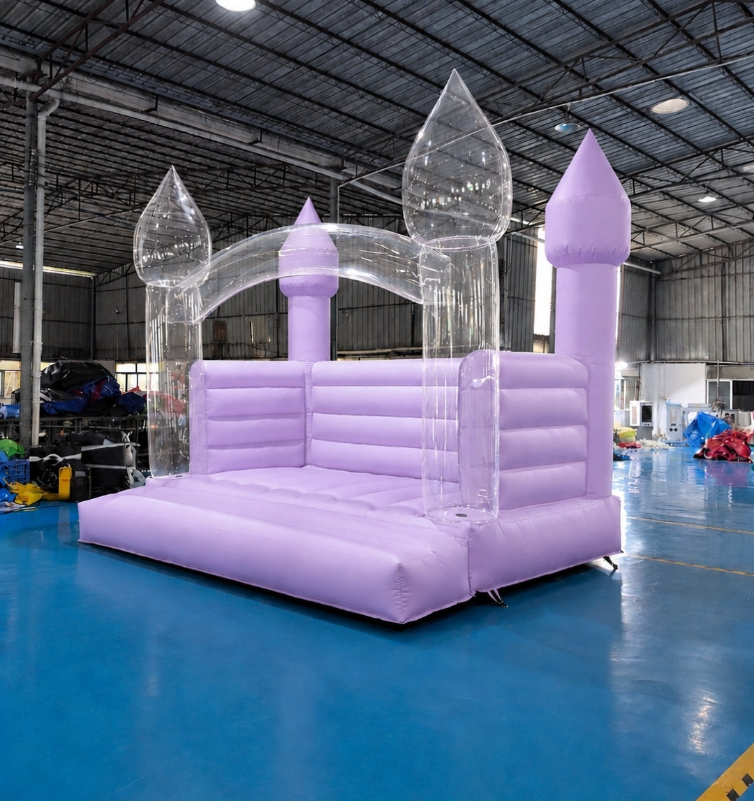 Pastel purple bounce house with colorful customizable balloon pillars, inflatable play structure for kids by Aura Luxury Rental Ltd
